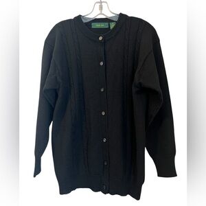 Maine Bay 100% Wool Cardigan Sweater Woman’s L Black Cable Knit Button Vintage